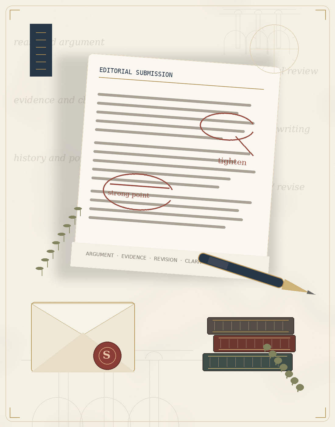 Editorial submission document with annotations showing argument, evidence, and revision notes, surrounded by editorial tools including a pen and envelope