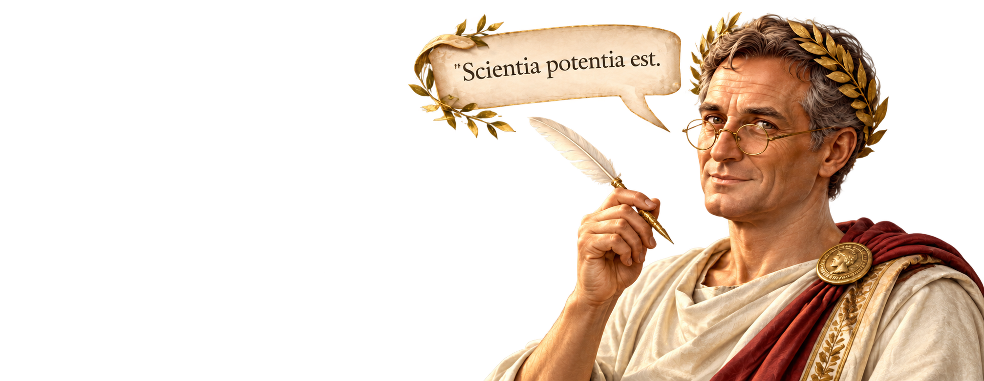 Decorative illustration of a Roman scholar figure holding a quill, with a speech bubble reading 'Scientia potentia est.'