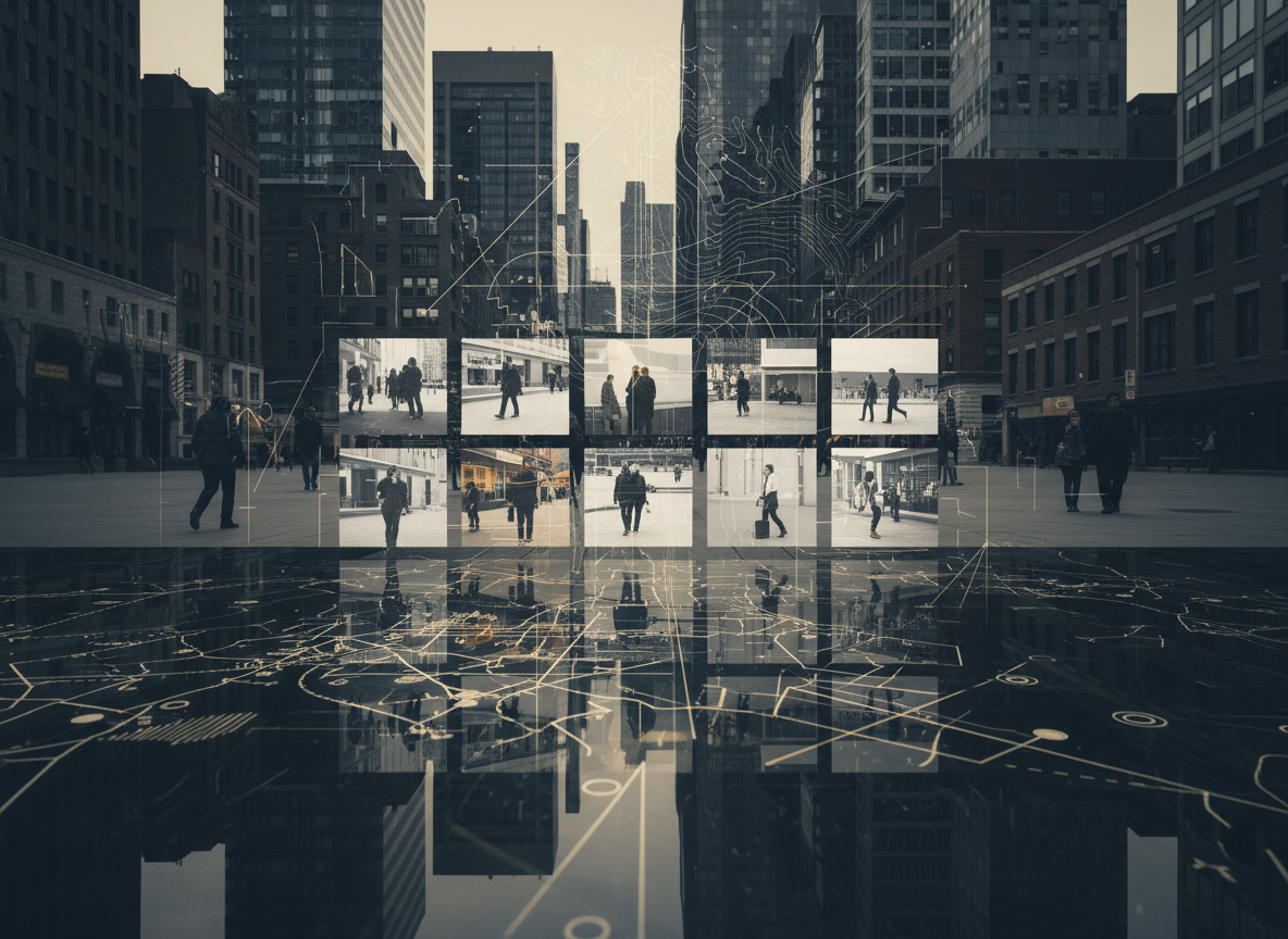 A sophisticated editorial image for a social affairs and culture magazine titled Society Under the Lens: an abstract, cinematic composition showing layered urban architecture, subtle documentary photography contact-sheet details, human silhouettes in a public space, and analytical visual motifs such as maps, lines, and reflections. Thoughtful, contemporary, intelligent, magazine-quality, restrained navy, charcoal, cream and muted amber palette. No text, no logos, no watermark.
