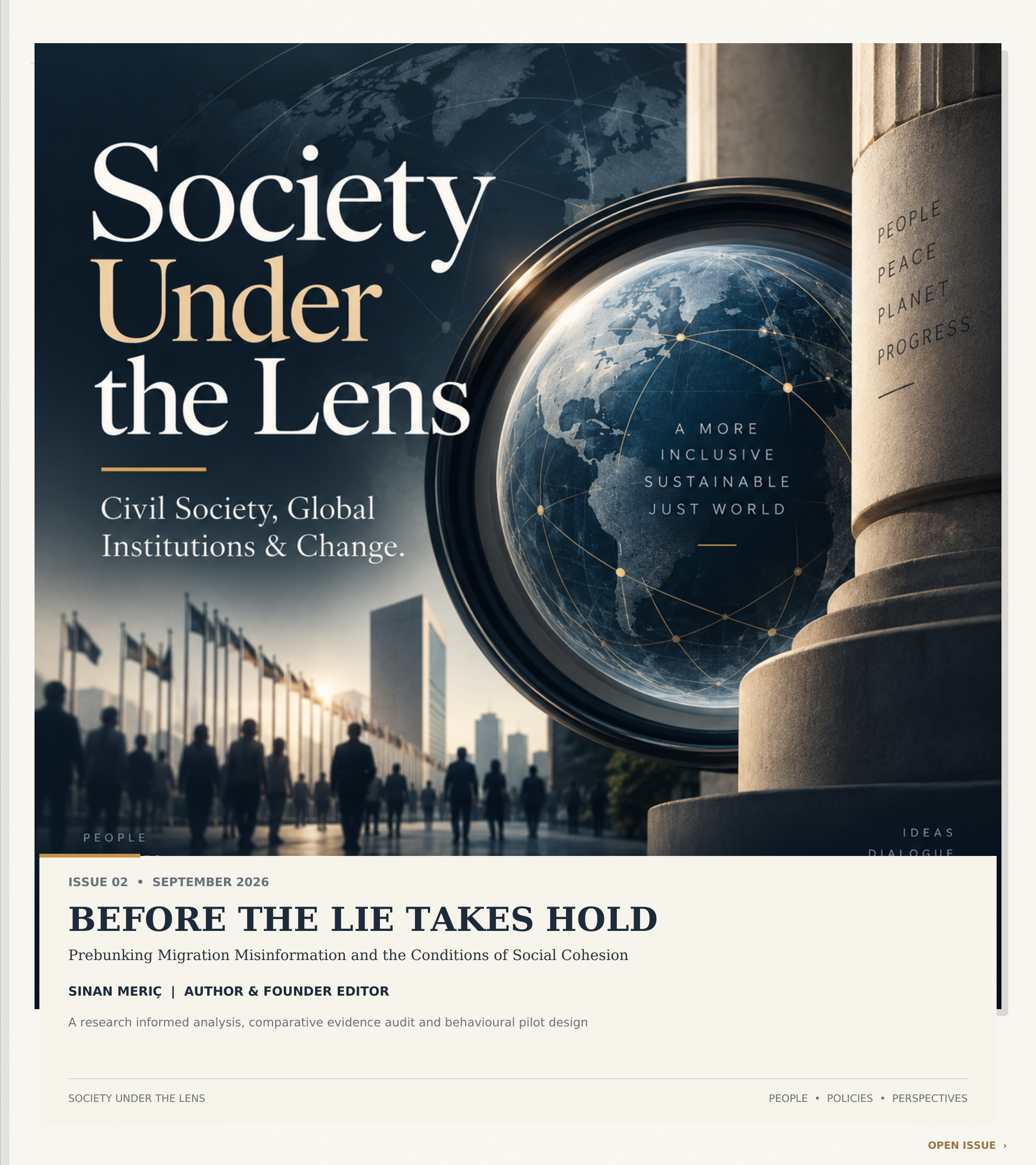 Society Under the Lens Issue 02 cover: a global lens overlooking civic institutions and people.